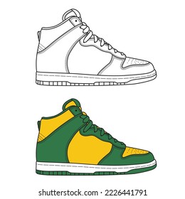 Sports high-top sneakers, yellow and green, flat design, line art