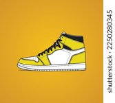 Sports high-top sneakers, yellow and white, flat design, line art