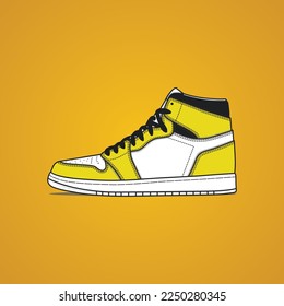 Sports high-top sneakers, yellow and white, flat design, line art