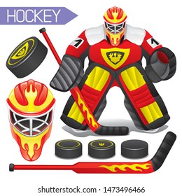 Sports hockey set with goalkeeper and hockey helmet and pucks on a white background.