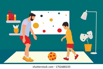 Sports at home. Dad and son play soccer at home. Dad and son spend time together. Father's day. Self-isolation. Stay at home, Vector illustration in flat style.