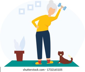 Sports at home. An elderly woman is engaged in sports. Training, flexibility. Granny with dumbbells. Vector illustration in flat style.