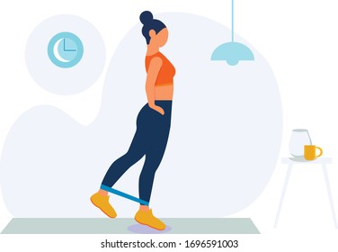 Sports at home. Fitness exercises. A girl standing up does an exercise with an elastic band on her legs. Self-isolation. Vector illustration in flat style.