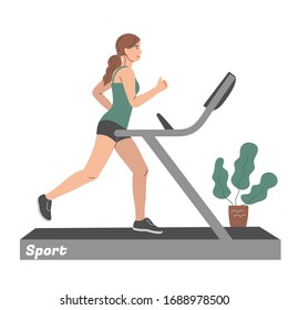 Deportes en casa. Una chica corre sobre una cinta rodante. Ilustración plana del vector