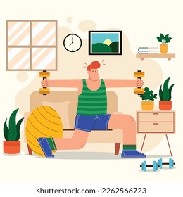 Sports at home. A guy do a workout at home with dumbbells. Fitness training exercises, healthy lifestyle. Vector illustration in flat style.