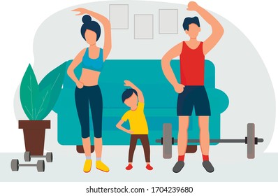 Sports At Home. Happy Family Sports Activities. The Family Is Working Out At Home. Fitness Exercises, Healthy Lifestyle. Vector Illustration In Flat Style.