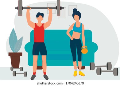 Sports at home. Happy family sports activities. A girl and a guy play sports at home. Fitness exercises, healthy lifestyle. Vector illustration in flat style.