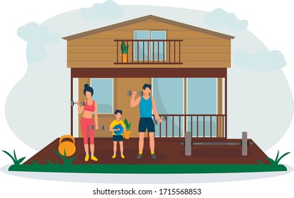 Sports at home. Happy family sports activities on the veranda. A girl and a guy play sports at home. Fitness exercises, healthy lifestyle. Vector illustration in flat style.