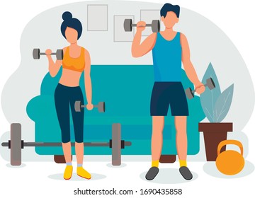 Sports at home. Happy family sporting events. A guy and a girl do a workout at home with dumbbells. Fitness training exercises, healthy lifestyle. Vector illustration in flat style. - Shutterstock ID 1690435858