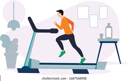 Sport zu Hause. Mann, der auf einer Vektorillustration mit Motorisiertem Laufband läuft. Sportler auf einer elektrischen Trainingsmaschine. Illustration im flachen Stil.