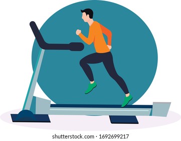 Sports at home. Man running on a motorized treadmill flat vector illustration. Sports man on an electric training machine. Illustration in flat style.
