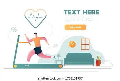 Sports at home. Man running on a motorized treadmill flat vector illustration. Sports man on an electric training machine. Illustration in flat style