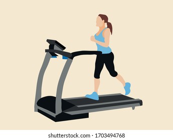 Sports at home. Woman running on a motorized treadmill flat vector illustration. Sports man on an electric training machine. Illustration in flat style.