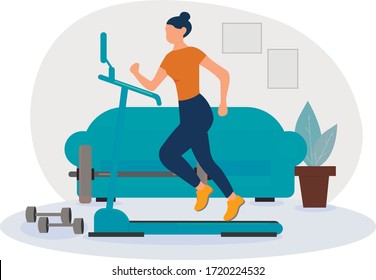 Sports at home. A woman runs on a motorized treadmill. An athlete on an electric simulator. Flat-style illustration. Healthy lifestyle. Quarantine isolation of the coronavirus. Vector flat illustrations