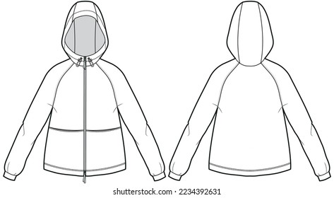 Sports Hoodie jacket design flat sketch Illustration drawing, Wind breaker Hooded jacket with front and back view, winter jacket for Men and women. for hiker, outerwear and workout in winter