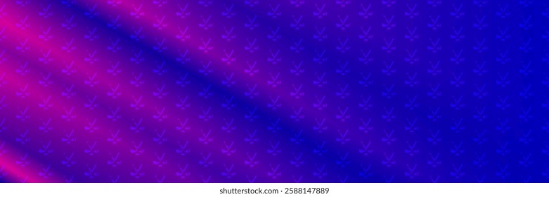 Sports horizontal background. Seamless pattern with crossed hockey sticks and puck. Rich shades of pink and blue. Equipment for playing hockey. Vector illustration. 