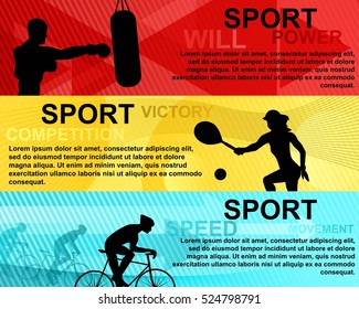 Sports horizontal banner with tennis player, boxer and cyclist.