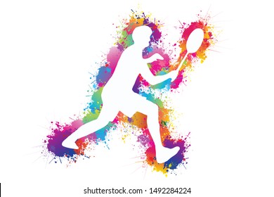 Sports icon. Badminton logo design. Colorful paint drops ink splashes. Equipment, Exercise, Symbol, Silhouette, Background. Vector illustration.