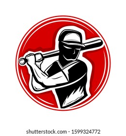 Sports icon with a baseball player in a red circle on a white background.