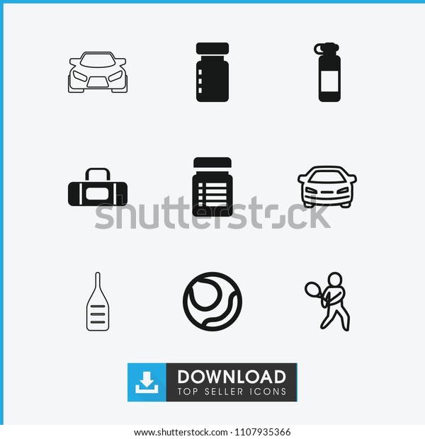 Sports icon. collection
of 9 sports filled and outline icons such as car, bottle for
fitness, volleyball, tennis playing, sport bag. editable sports
icons for web and
mobile.