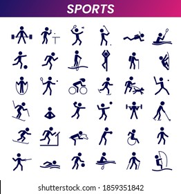 Sports icon collection. Athlete silhouette symbols. Set of sports icons like nordic walking, running, cycling, swimming, biking, weightlifting, exercising. Isolated athlete symbol. Vector illustration