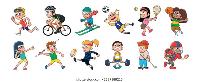 Colección de iconos deportivos. Imágenes prediseñadas. Ilustración vectorial con estilo de caricatura