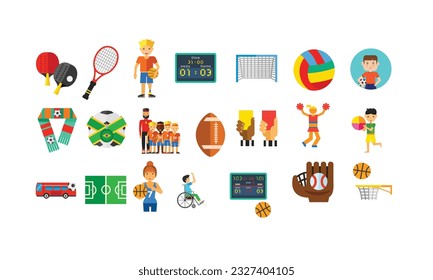 sports icon collection, volleyball, baseball, cricket ball, tennis ball, net, American ball, football, skating board, ping pong , speaker, man, shoes, cup, boat, flag, hand, water bottle