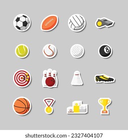 sports icon collection, volleyball, baseball, cricket ball, tennis ball, net, American ball, football, skating board, ping pong , speaker, man, shoes, cup, boat, flag, hand, water bottle