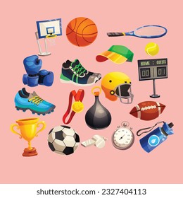 sports icon collection, volleyball, baseball, cricket ball, tennis ball, net, American ball, football, skating board, ping pong , speaker, man, shoes, cup, boat, flag, hand, water bottle