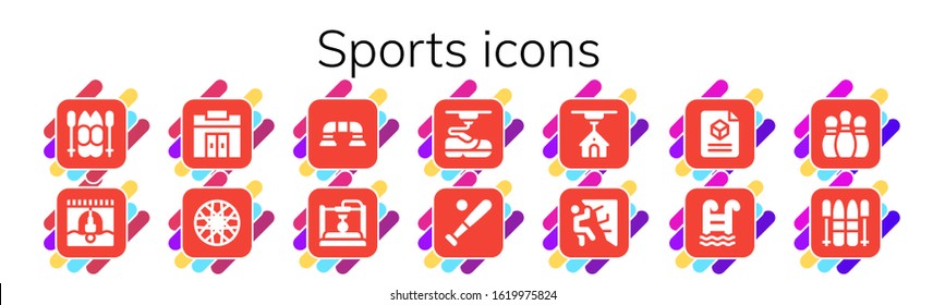 Sports Icon Set. 14 Filled Sports Icons.  Simple Modern Icons Such As: Ski, Bungee Jumping, Gym, Spoke Wheel, Push Up, 3d, Baseball, Climbing, Swimming Pool, Bowling Pins