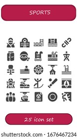 sports icon set. 25 filled sports icons.  Simple modern icons such as: Ninja, Casino, Swimming pool, 3d, Shin guards, Wingsuit, Exercise, Skiing, Baseball, Bungee jumping, Bowling pins