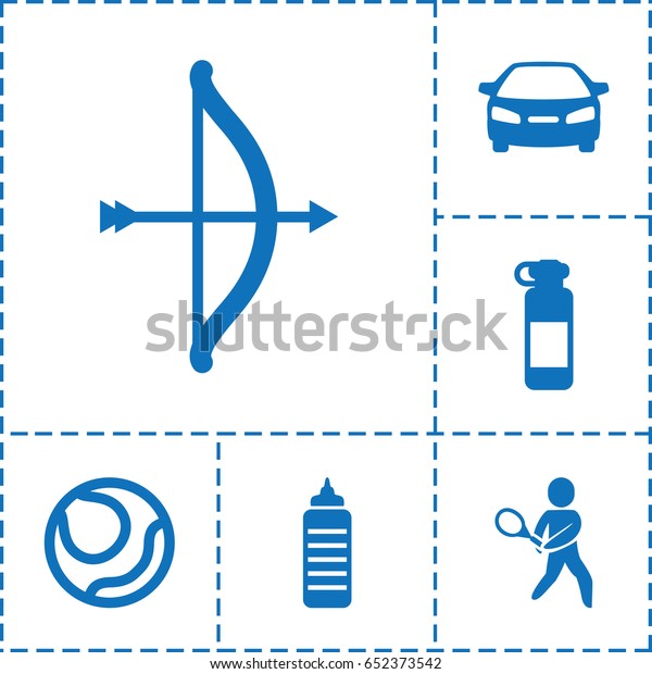 Sports icon. set of 6\
sports filled icons such as car, tennis playing, bow, bottle for\
fitness, volleyball