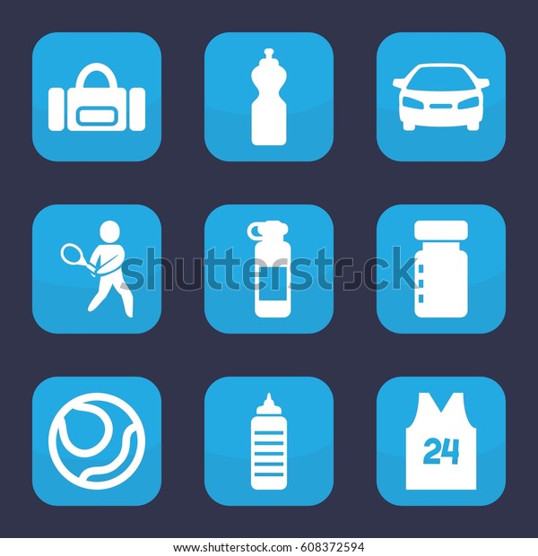 Sports icon. set of 9 filled sports icons such as\
car, tennis playing, sport t shirt number 24, bottle for fitness,\
volleyball, fitness\
bottle