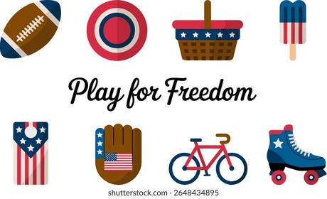 Sports icon set. American football, baseball, glove, skateboard, basket, water bottle, play for freedom, red white blue symbols. Patriotic athletic activity vector design set
