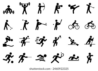 sports icon set. athletics, running, weightlifting, soccer, archery, karate, baseball, batsman, sports, cycling, swimming, triathlon, rugby, basketball, volleyball, rowing, tennis, table tennis