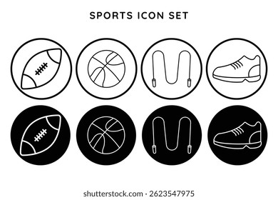 Sports icon set of basketball, football, skipping rope and shoes for fitness activity vector illustration in minimal outline style.