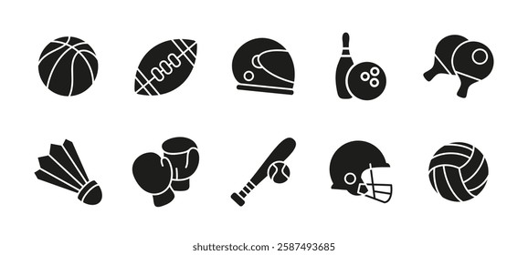 Sports icon set black. Collection of fitness and game vector illustrations. Various athletic equipment symbols, including basketball, football, baseball bat, boxing gloves, tennis rackets silhouette.