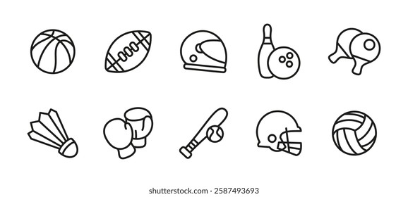 Sports icon set. Collection of fitness and game vector illustrations. Various athletic equipment symbols, including basketball, football, baseball bat, boxing gloves and tennis rackets.