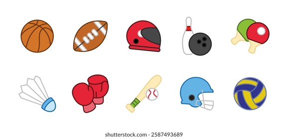 Sports icon set colored. Collection of fitness and game vector illustrations. Various athletic equipment symbols, including basketball, football, baseball bat, boxing gloves, tennis rackets colorful.