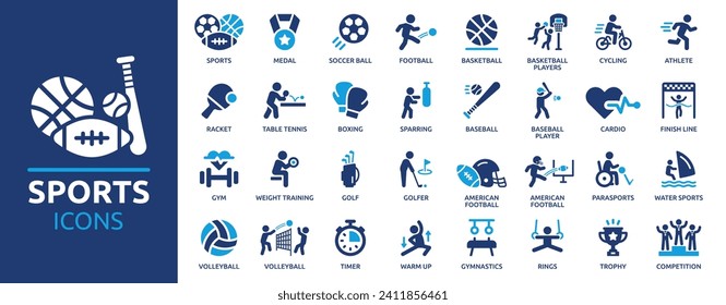 Sports icon set. Containing football, basketball, trophy, competition, medal, gym, volleyball and more. Solid vector icons collection.