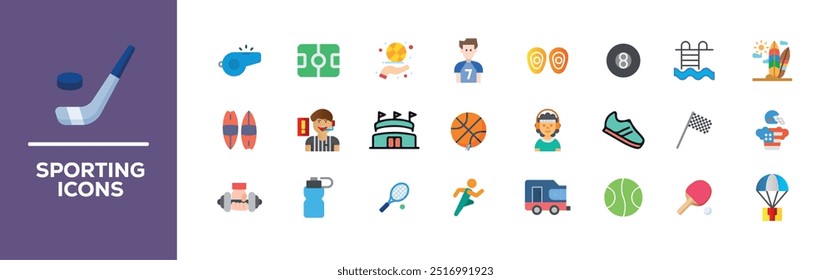 Sports icon set. Containing football, basketball, trophy, competition, medal, gym, volleyball and more. Solid vector icons collection.