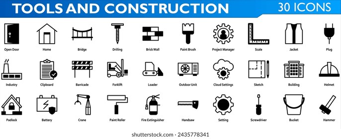 Sports icon set. Containing home,bridge,drilling,brick wall,paint brush,scale,jacket,plug,industry,barricade,forklift,loader,sketch,helmet,padlock,crane,paint roller,handsaw,hammer. Mixed style