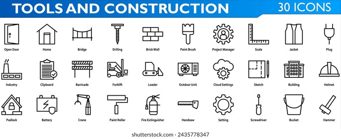 Sports icon set. Containing home,bridge,drilling,brick wall,paint brush,scale,jacket,plug,industry,barricade,forklift,loader,sketch,helmet,padlock,crane,paint roller,handsaw,hammer. Line style