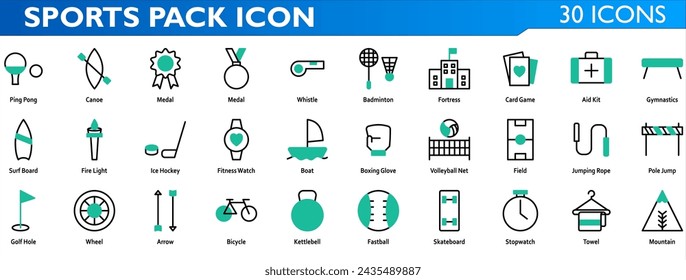 Sports icon set. Containing ping pong,canoe,medal,whisle,badminton,fortress,card game,aid kit,gymnastics,surf board,fire light,ice hockey,fitness watch,boat,boxing glove,volleyball. Mix color style