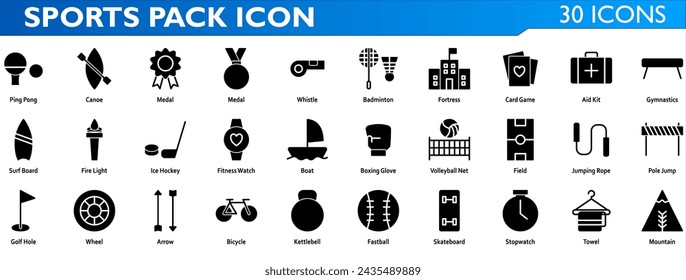 Sports icon set. Containing ping pong,canoe,medal,whisle,badminton,fortress,card game,aid kit,gymnastics,surf board,fire light,ice hockey,fitness watch,boat,boxing glove,volleyball. Solid style