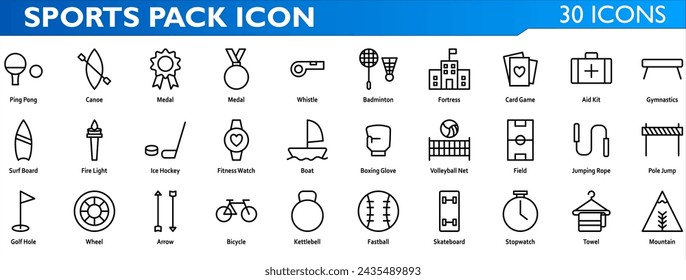 Sports icon set. Containing ping pong,canoe,medal,whisle,badminton,fortress,card game,aid kit,gymnastics,surf board,fire light,ice hockey,fitness watch,boat,boxing glove,volleyball. outline style