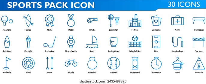 Sports icon set. Containing ping pong,canoe,medal,whisle,badminton,fortress,card game,aid kit,gymnastics,surf board,fire light,ice hockey,fitness watch,boat,boxing glove,volleyball. line gradint style