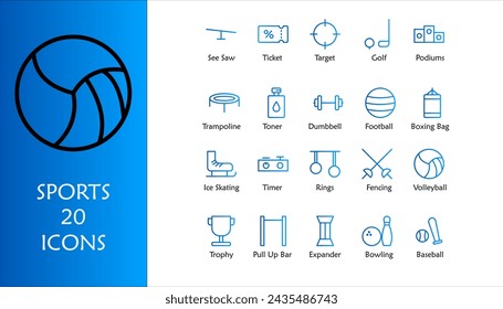 Sports icon set. Containing ticket,target,golf,podiums,trampoline,toner,dumbbell,football,boxing bag,ice skating,timer,rings,fencing,volleyball,trophy,pull up bar,expander,bowling. Line Gradient