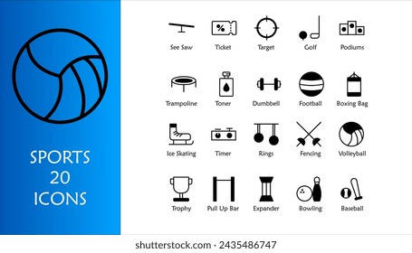 Sports icon set. Containing ticket,target,golf,podiums,trampoline,toner,dumbbell,football,boxing bag,ice skating,timer,rings,fencing,volleyball,trophy,pull up bar,expander,bowling,baseball. Mixed