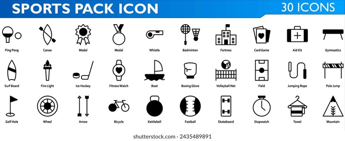 Sports icon set. Containing ticket,target,golf,podiums,trampoline,toner,dumbbell,football,boxing bag,ice skating,timer,rings,fencing,volleyball,trophy,pull up bar,expander,bowling,baseball. Mixed
